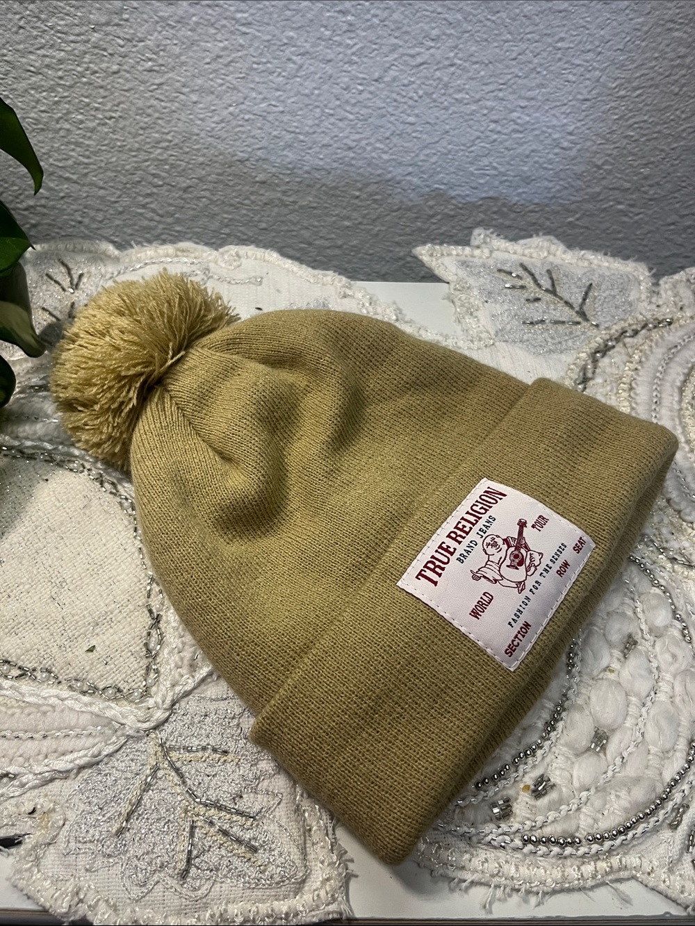 NWOT True Religion Tan Pom Pom Knit Beanie Hat Buddha Patch